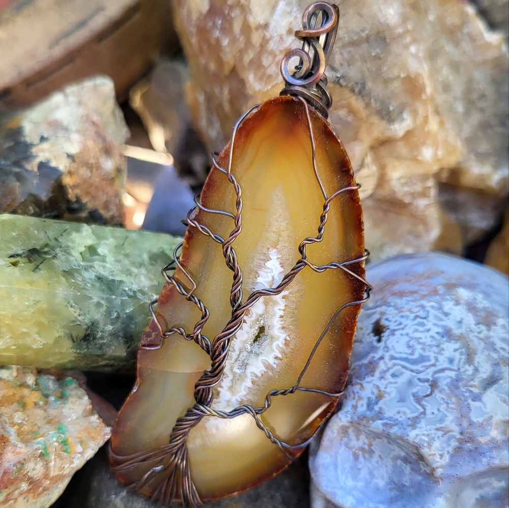 Handmade Copper Tree Of Life Agate Slice Pendant Boho Necklace